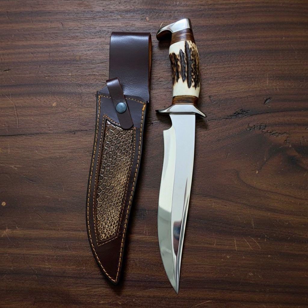 Χειροποίητο D2 Steel Bowie Knife – Λαβή από κέρατο ελαφιού, δερμάτινη θήκη, μαχαίρι πεζοπορίας
