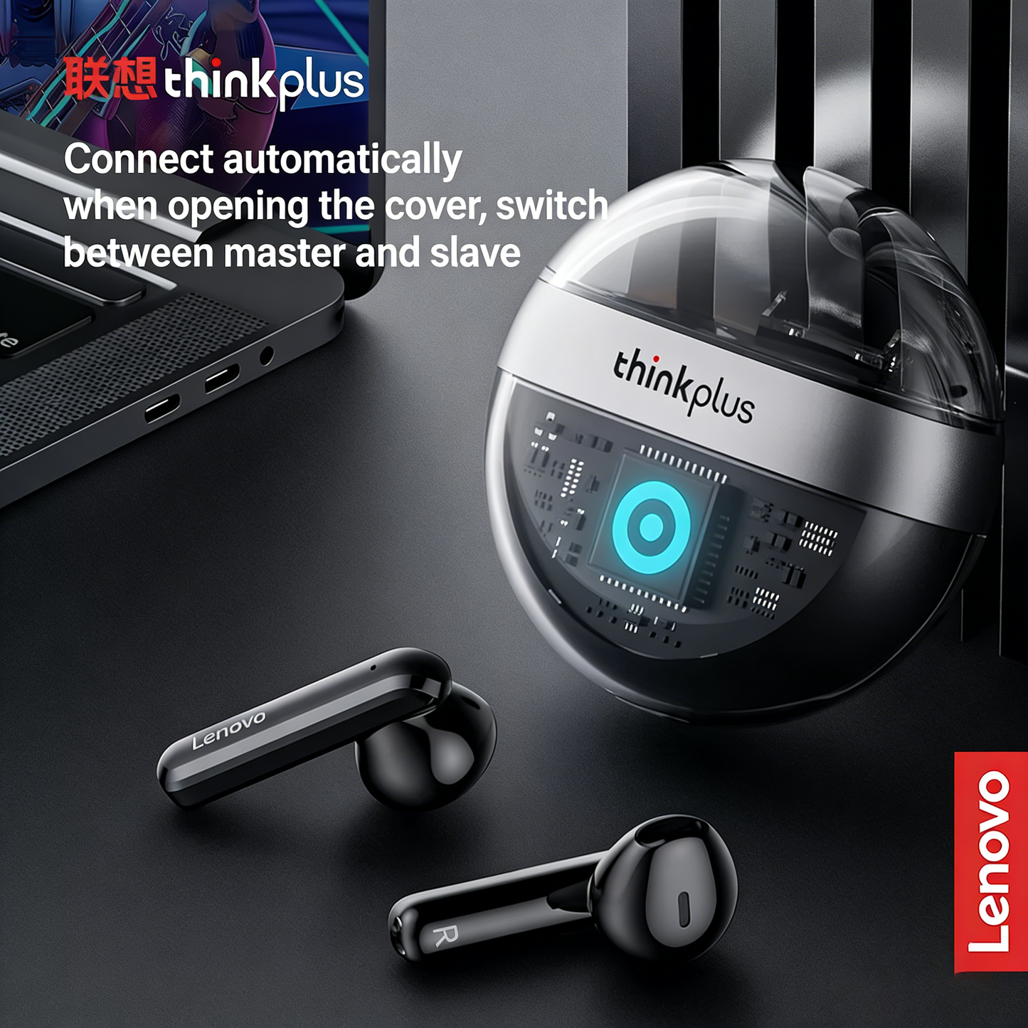 Lenovo™Ασύρματα Bluetooth Ακουστικά με Διαφανή Σχεδιασμό
