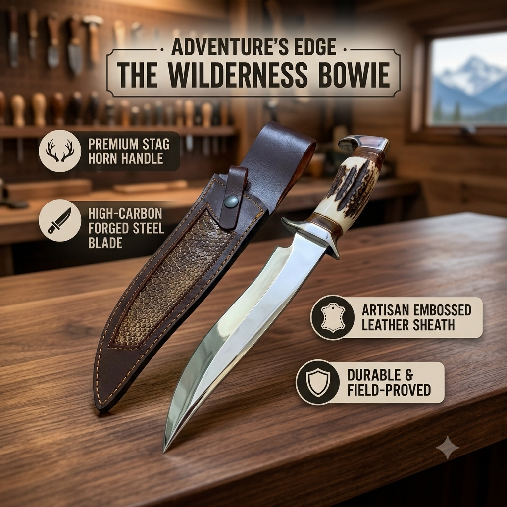 Χειροποίητο D2 Steel Bowie Knife – Λαβή από κέρατο ελαφιού, δερμάτινη θήκη, μαχαίρι πεζοπορίας