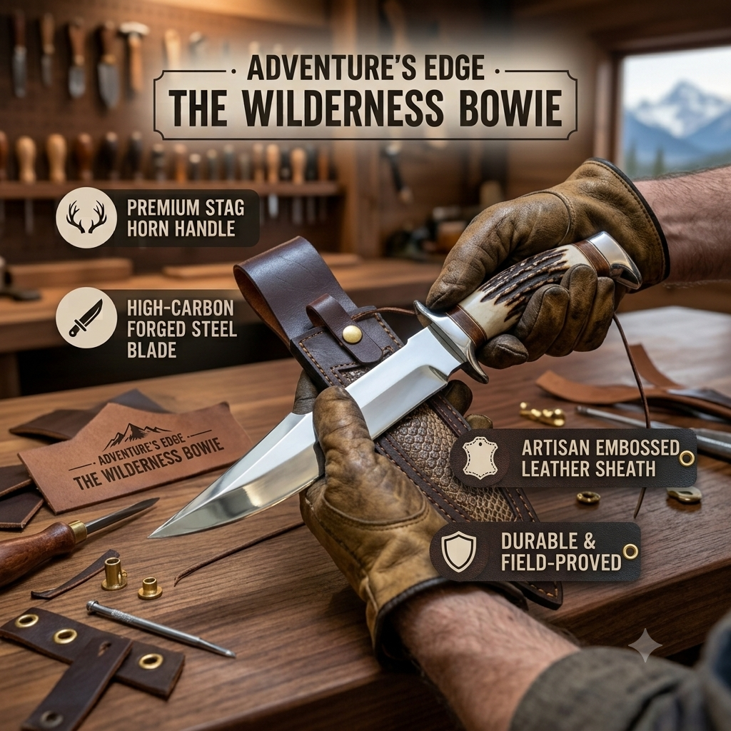Χειροποίητο D2 Steel Bowie Knife – Λαβή από κέρατο ελαφιού, δερμάτινη θήκη, μαχαίρι πεζοπορίας