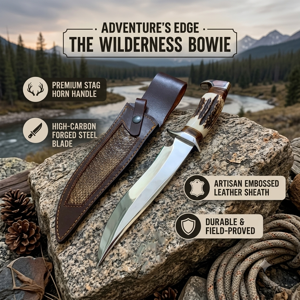 Χειροποίητο D2 Steel Bowie Knife – Λαβή από κέρατο ελαφιού, δερμάτινη θήκη, μαχαίρι πεζοπορίας