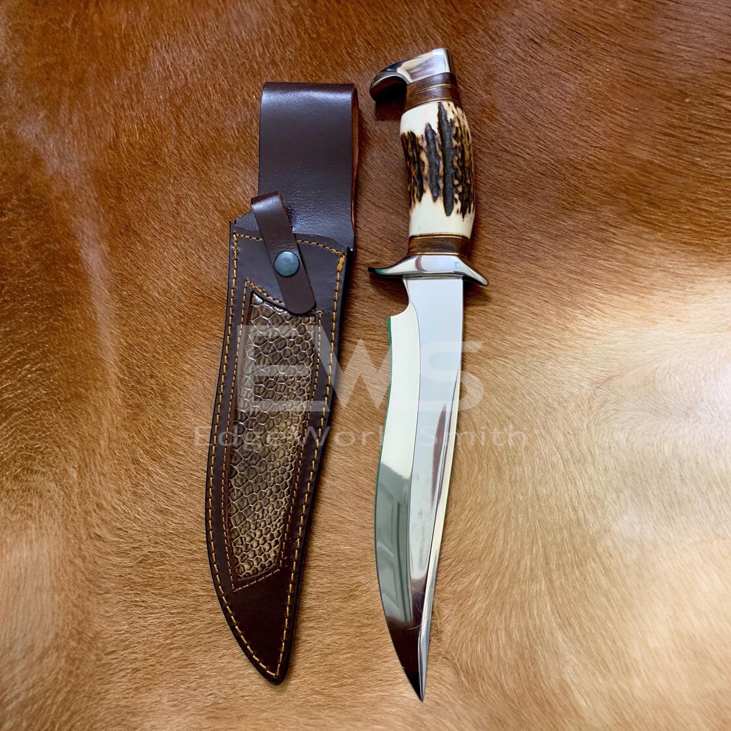 Χειροποίητο D2 Steel Bowie Knife – Λαβή από κέρατο ελαφιού, δερμάτινη θήκη, μαχαίρι πεζοπορίας