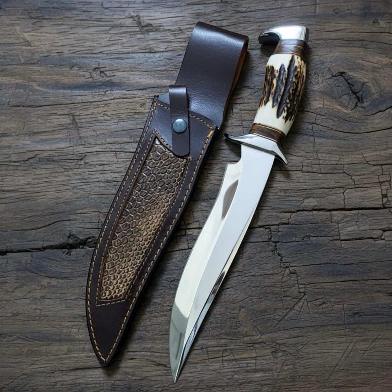 Χειροποίητο D2 Steel Bowie Knife – Λαβή από κέρατο ελαφιού, δερμάτινη θήκη, μαχαίρι πεζοπορίας