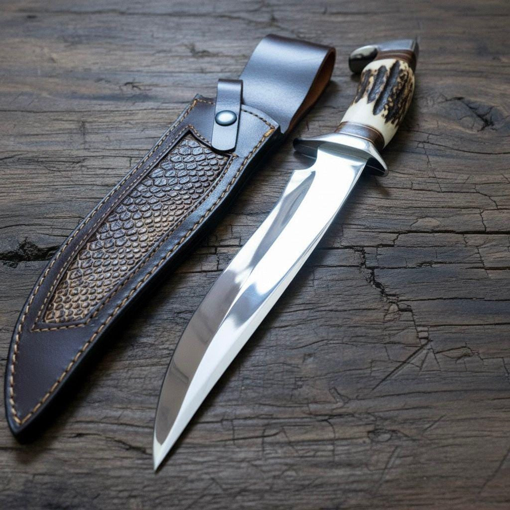 Χειροποίητο D2 Steel Bowie Knife – Λαβή από κέρατο ελαφιού, δερμάτινη θήκη, μαχαίρι πεζοπορίας