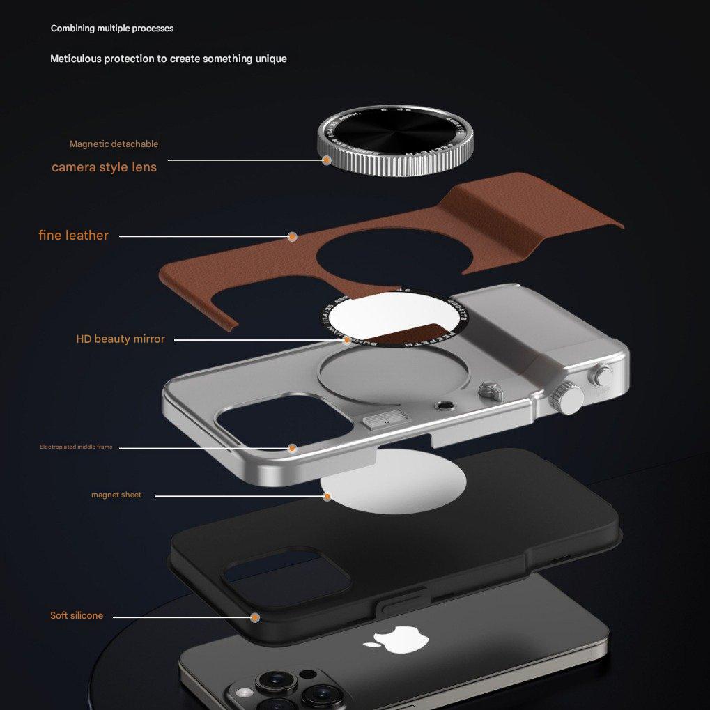 Κομψή δερμάτινη θήκη τηλεφώνου με ενσωματωμένο κουμπί κάμερας και συνδεσιμότητα Bluetooth.